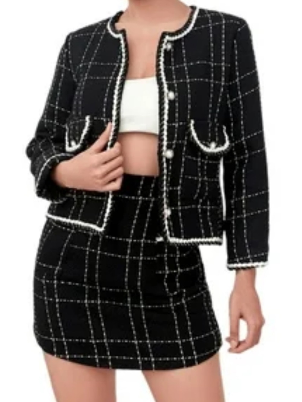 2 Piece Set Women Short Woolen Tweed Jacket Coat Skirt Set (see description)